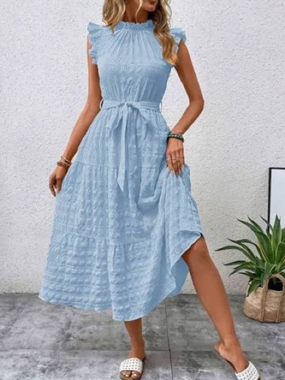 Light Blue Ruffle-Sleeve Midi Dress